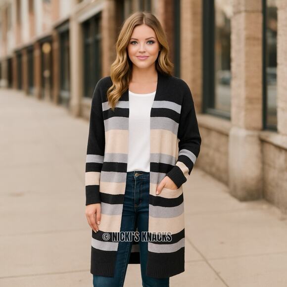 Freshman Sweaters - Freshman 1996 Navy Cream Striped Long Duster Cardigan Open Front Sweater Size XS